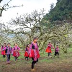 Group of children in traditional clothing enjoying a plum orchard in spring.